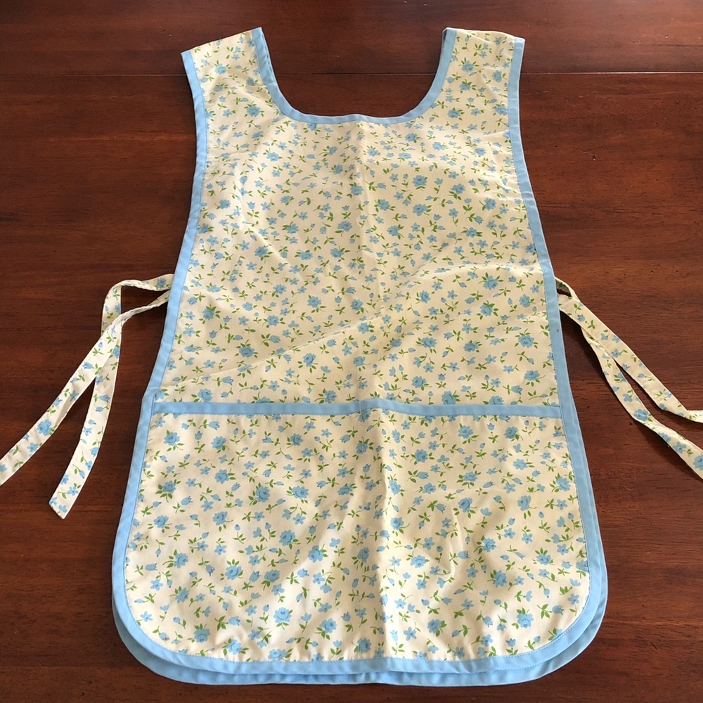 Vintage Midcentury Handmade Apron Floral with Blue Trim
